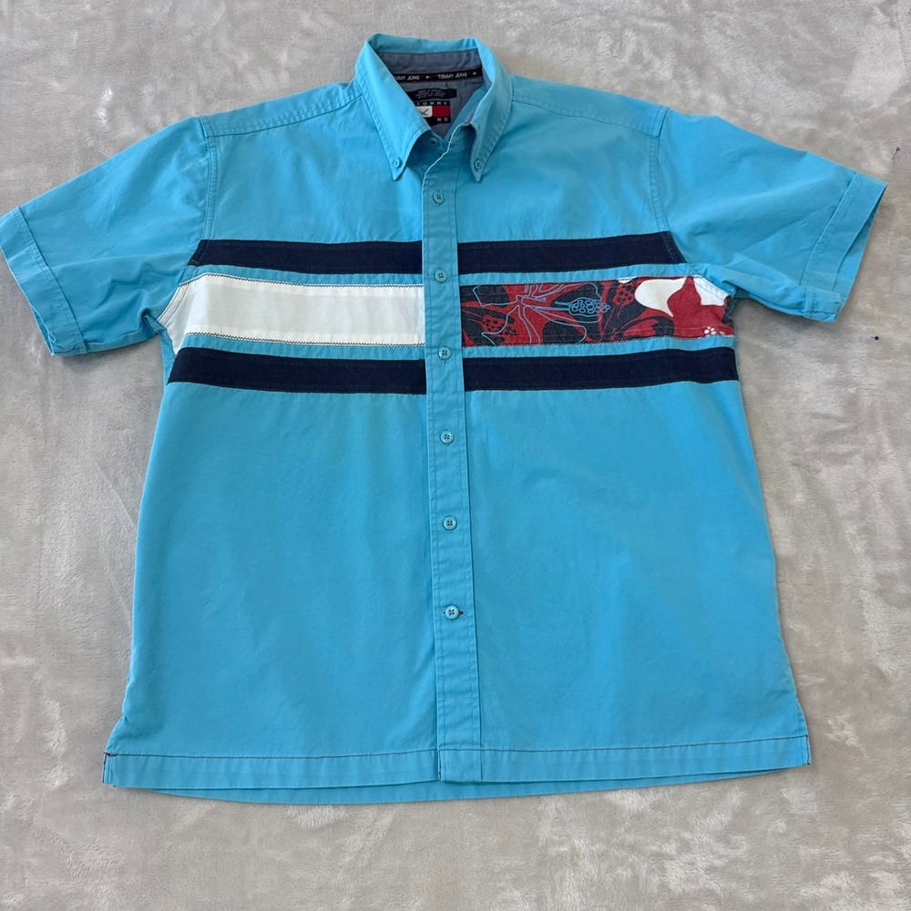Tommy‎ Jeans Mens Button Down Shirt Short Sleeve Blue Graphic Casual